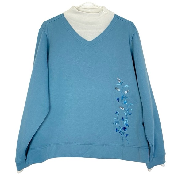 Vintage 90s Mockneck Sweatshirt Pullover Womens Size Large Blue Embroidered - Picture 1 of 10